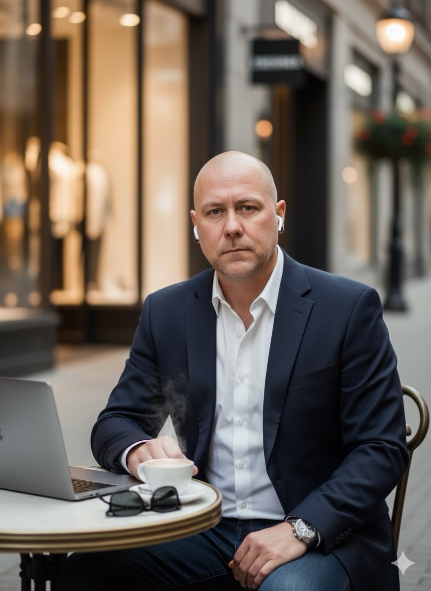 Jose Pimentel working with coffee and laptop